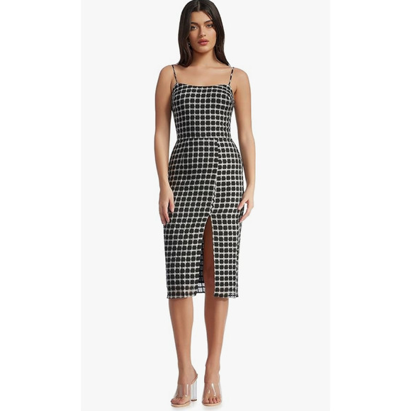Dress the Population Shaireen Plaid Grid Midi Dress Black White Size S - Picture 2 of 16